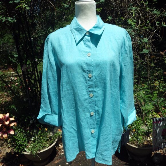 NWT Aqua Blue Linen Blouse/ Tunic/ Liz Claiborne/ MEDIUM - Picture 2 of 7